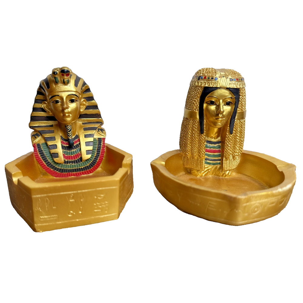Egyptian Ashtray Set King Tut Cleopatra Gold Colored Resin Egypt Pharaoh Theme
